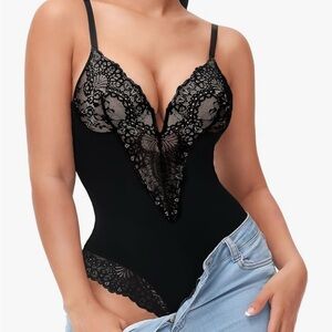 Elegant Black Deep V-Neck Lace Bodysuit
